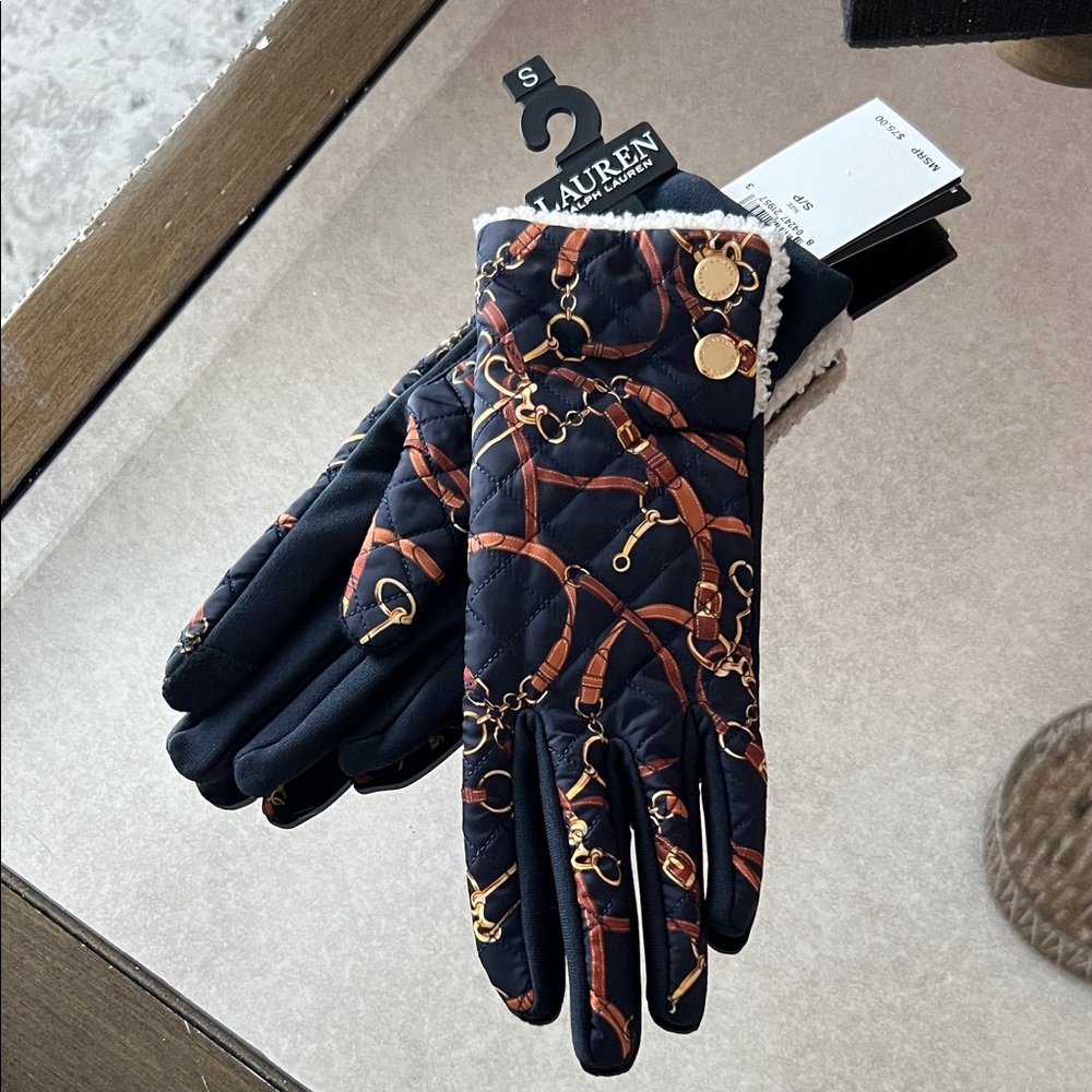 Lauren Ralph Lauren Navy and Brown Quilted Gloves